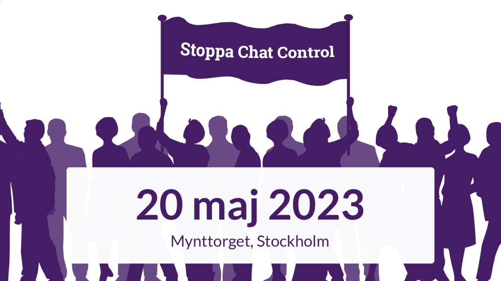 Silhuetter av personer som demonstrerar. De bär en banderoll med texten ”Stoppa Chat Control”.